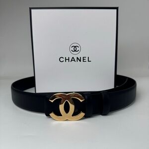 CHANEL Black Belt with Gold Emblem